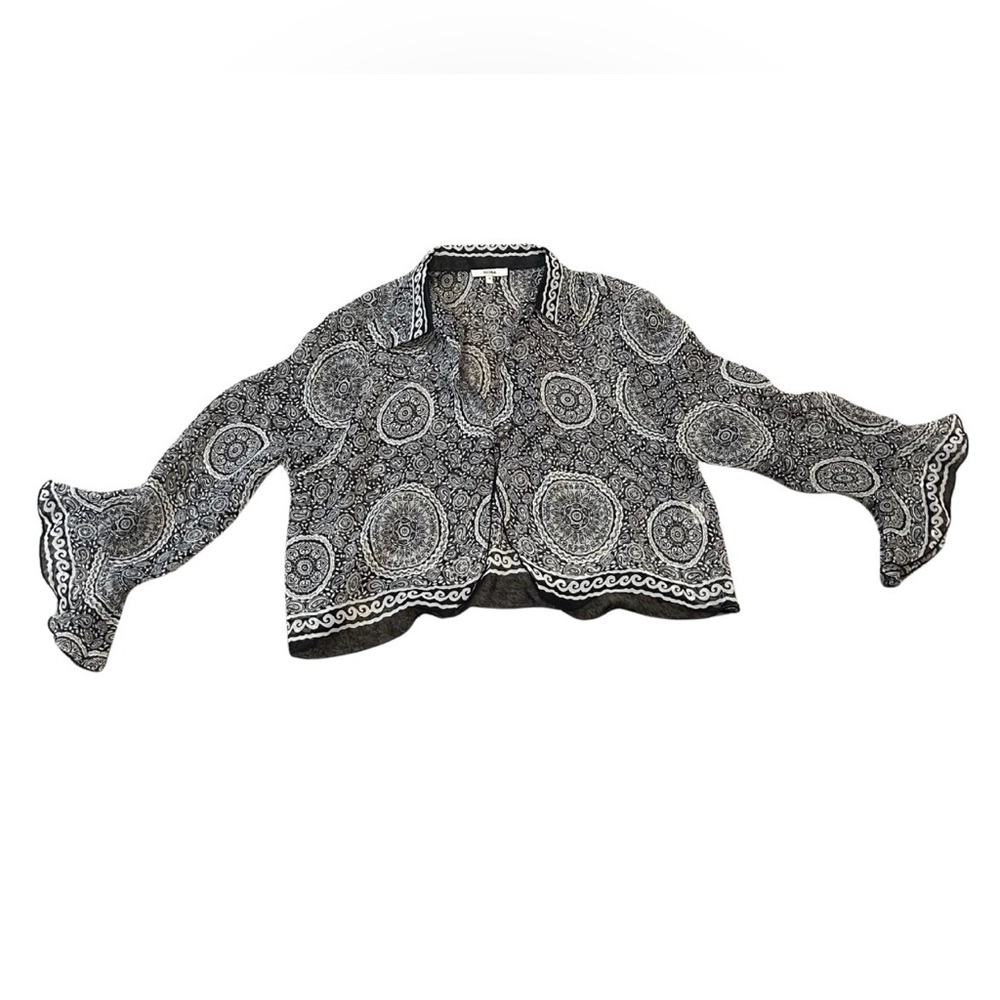 Nicola Paisley Print Sheer Ruffle Sleeve Crop Top Cover Up | M | Black/White